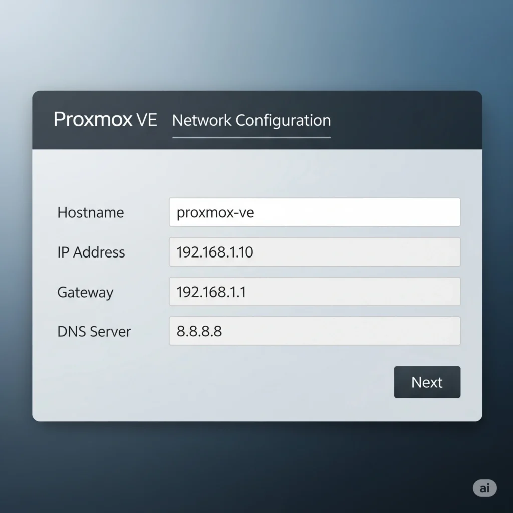 Proxmox VE network configuration screen